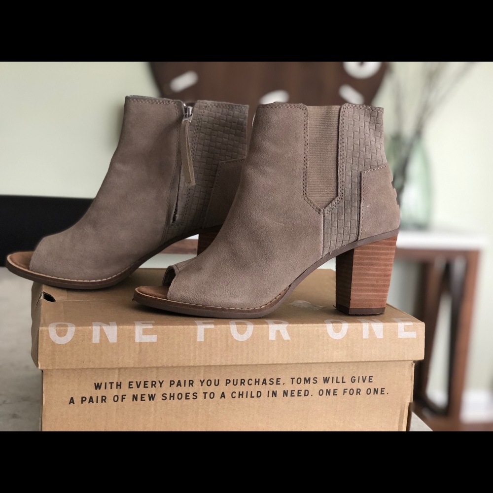TOMS peep toe, block heel, suede booties